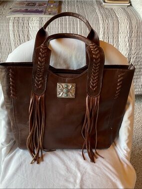 American West Brown Leather Fringe Tote with Turquoise Concho